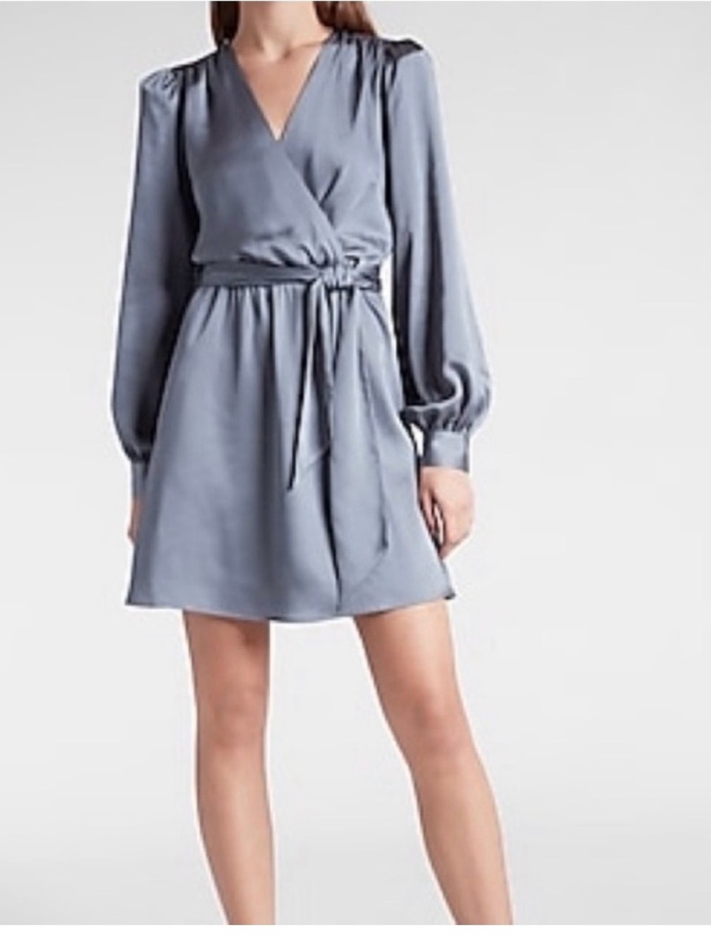 Express Steel Blue Long-Sleeve Satin Tie Waist Wrap Mini Dress - Sz Med